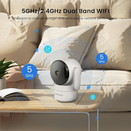 AMOROM Indoor Camera 2K, Alexa Camera for Baby/Elderly/Pet Monitoring | AI Smart Detection & Alarm, 2-Way Audio, Night Vision, 2.4G & 5G WiFi App Control, Cloud & SD Card Storage, 1 Pack