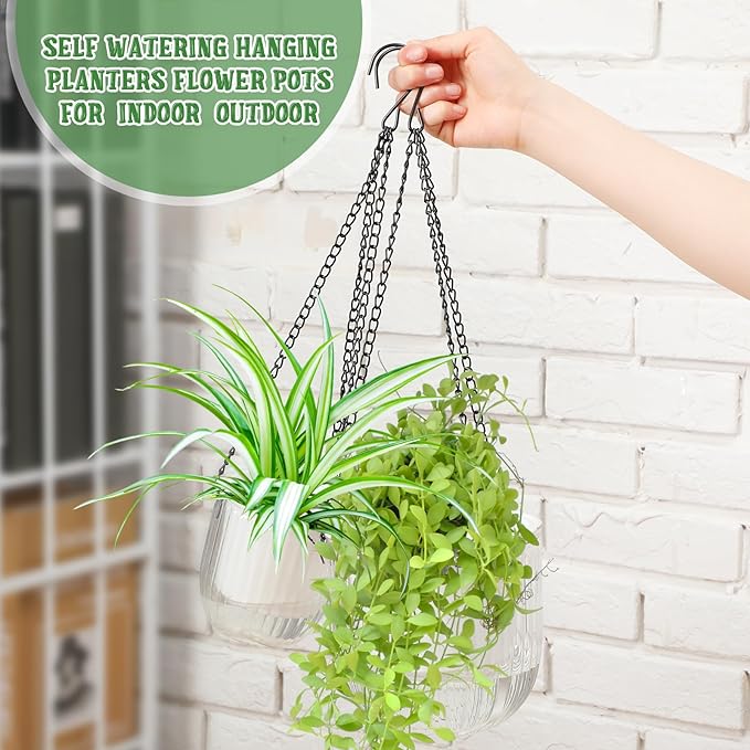 Maxcheck 4 Pcs Self Watering Hanging Planters Indoor Gift 6.5'' 4.5'' Hanging Flower Pots Baskets Outdoor Self Watering Plant with 3hooks Drainage Holes for Home(Grey,Clear)