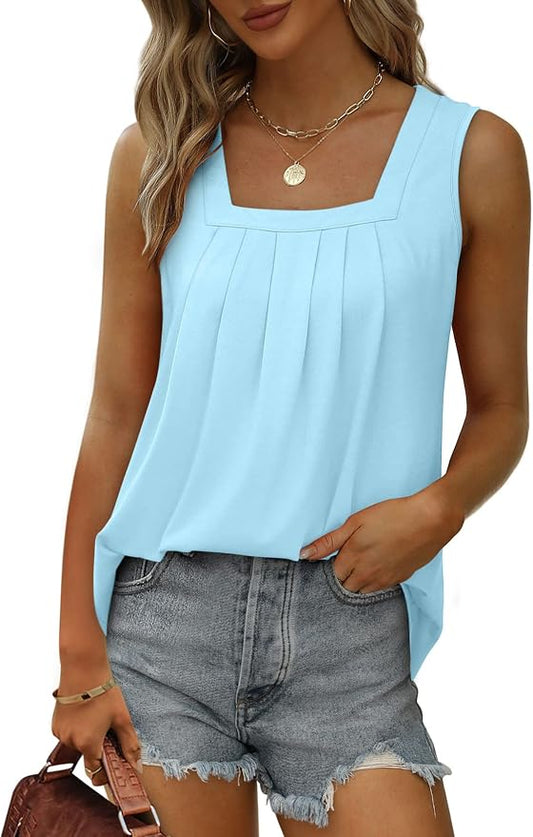 Saloogoe Summer Tank Tops for Women Loose Fit Pleated Square Neck Sleeveless Tops Curved Hem Flowy