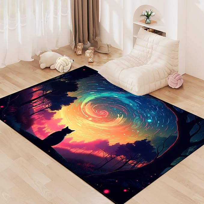 Moon Black Cat Rug - Mystical Stary Night Cat Rug for Kids Bedroom Colorful Black Cat Rug Decor Room Cat Door Mats Outdoor Entrance, 2.5x4 Feet