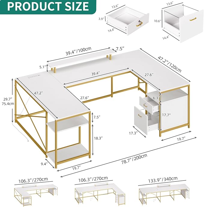 YITAHOME U Shaped Desk with Power Outlets & LED Lights, 79" Reversible L Shaped Desk with Drawers, Corner Computer Desk Office Desk with Monitor Stand & Storage Shelves, White & Gold