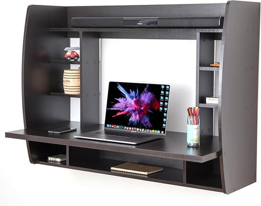 Wall Mount Laptop Office Desk with Shelves, Brown,