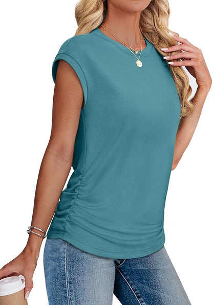 Sampeel Womens Summer Tops Trendy 2026 Ruched Cap Short Sleeve Tshirts Shirts Crew Neck T Shirts Fashion