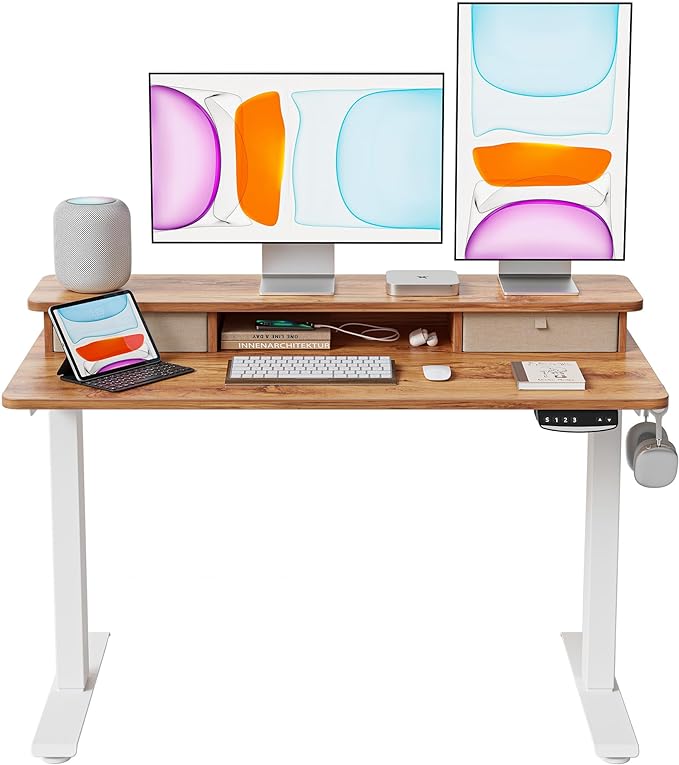 BANTI 48x24 Inch Electric Standing Desk with Double Drawers, Adjustable Height Stand Up Desk, Sit Stand Home Office Desk with Storage Shelf, Light Rustic Brown Top