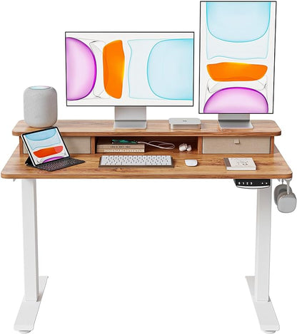 BANTI 48x24 Inch Electric Standing Desk with Double Drawers, Adjustable Height Stand Up Desk, Sit Stand Home Office Desk with Storage Shelf, Light Rustic Brown Top