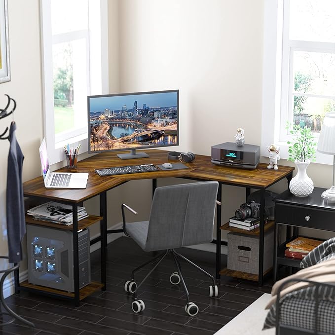 Elephance L-Shaped Desk with Shelves, Computer Corner Desk, Home Office Writing Workstation, Gaming Desk PC Laptop Table with Storage