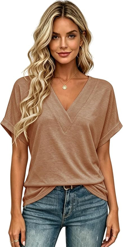 T Shirts Short Sleeve V Neck Tees Womens Tops Beach Vacation Fashion Clothes 2026 Casual Summer Spring Fall Outfits