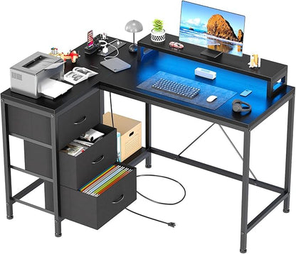 L Shaped Desk with Power Outlets & LED Lights, Computer Desk with Drawers & Shelves, Corner Desk Gaming Desk Home Office Desk, Black