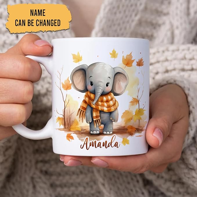 Hyturtle Personalized Fall Elephant Maple Leaves Coffee Mug, Autumn Décor | Birthday Gifts For Elephant Lovers - Fall Gifts For Farmhouse Thanksgiving - Custom Name 11oz White Ceramic Coffee Tea Mug