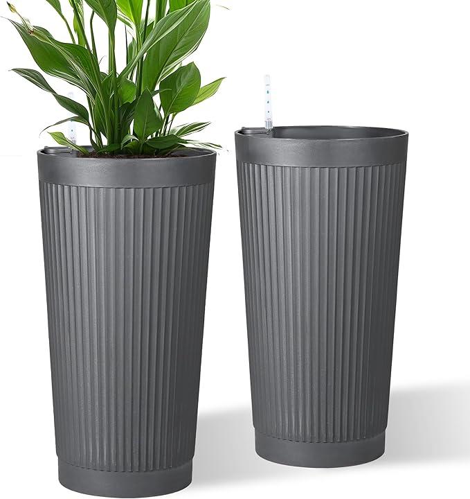 24in Tall Self-Watering Planters Set of 2 - Grey Flower Pots with Water Level Monitor, Non-Toxic Plastic Planters for Indoor Outdoor Patio, Porch, Living Room, Home Office