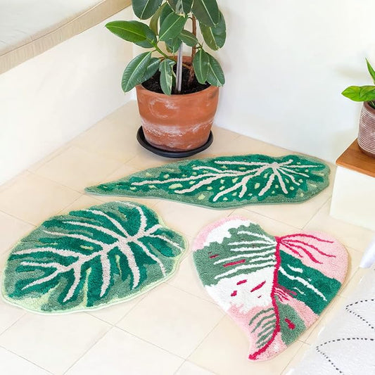 Pink Princess Non Slip Bath Mat or Kitchen Tufted Rug, Plant Leaf Shaped Kids Pets Floor Mat Carpet, Green, 32" x 24"