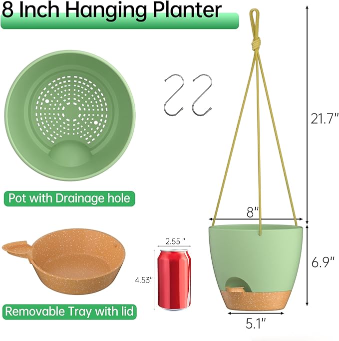 ZMTECH 8 Inch Hanging Planters for Indoor Outdoor Plants, 2 Pack Self Watering Hanging Plant Pots with Drainage Holes and Removable Saucer, Plastic Flower Hanging Pots with Watering Lip (Green)