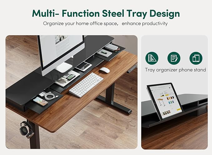 FEZIBO 48 x 24 Inch Height Adjustable Glass Electric Standing Desk with Double Drawer, Stand Up Desk with Storage Shelf, Sit Stand Desk, Black Walnut
