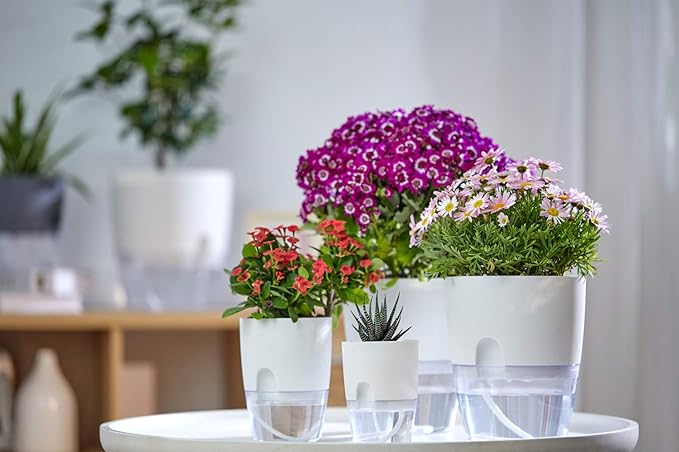 Self Watering Planter for Indoor Plants, 2 Pack 9.3 Inch Flower Pot Modern Decorative Plastic Planter with Extra Large Water Storage for All House Plants, Flowers, Herbs(White)