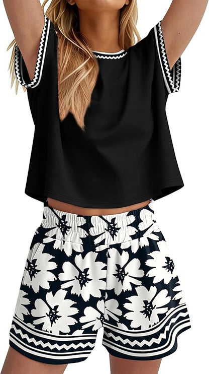 WIHOLL Two Piece Sets for Women Summer Lounge Short Sets Cap Sleeve Crew Neck Sweatsuit with Pocket XS-2XL