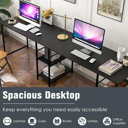 L-Shaped Home Office Desk, Corner Computer Desk w/Monitor Stand, Reversible PC Desk w/Heavy-Duty Metal Frame, Long Office Desk for 2 Person, Space-Saving Design (Black)
