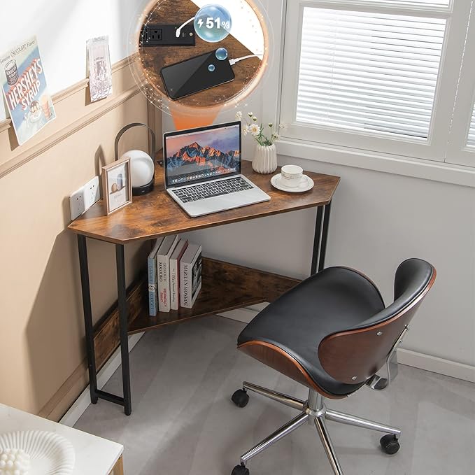 Corner Desk with Charging Station & USB Port, 90-degree Triangle Computer Workstation w/Storage Shelf, Metal Frame, Space-saving Laptop PC Desk for Small Space, Home Office (Rustic Brown)