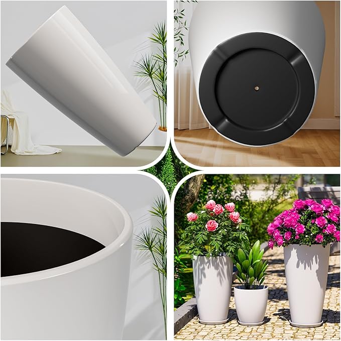 QCQHDU 24,21,11 inch Large Planters with Drainage Hole & Saucer, Set of 3 Plant Pots Tall Planter for Indoor & Outdoor Plants Home Modern Decor