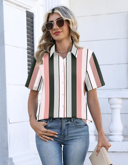 Zeagoo Button Down Shirts for Women Short Sleeve Collared Tops Dressy Casual V Neck Blouses