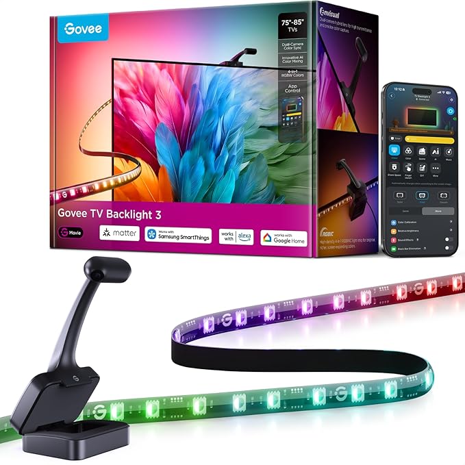Govee TV Backlight 3 with Dual 4MP Lens, TV Lights Sync to 75-85 Inch TVs | RGBWIC LED Strip Lights for Movie Night, Smart AI Color Filter, App & Voice Control, Compatible with Matter, 60LEDs/m, 16.4ft