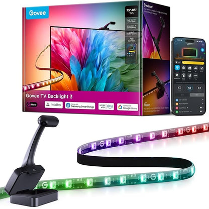 Govee TV Backlight 3 with Dual 4MP Lens, TV Lights Sync to 75-85 Inch TVs | RGBWIC LED Strip Lights for Movie Night, Smart AI Color Filter, App & Voice Control, Compatible with Matter, 60LEDs/m, 16.4ft