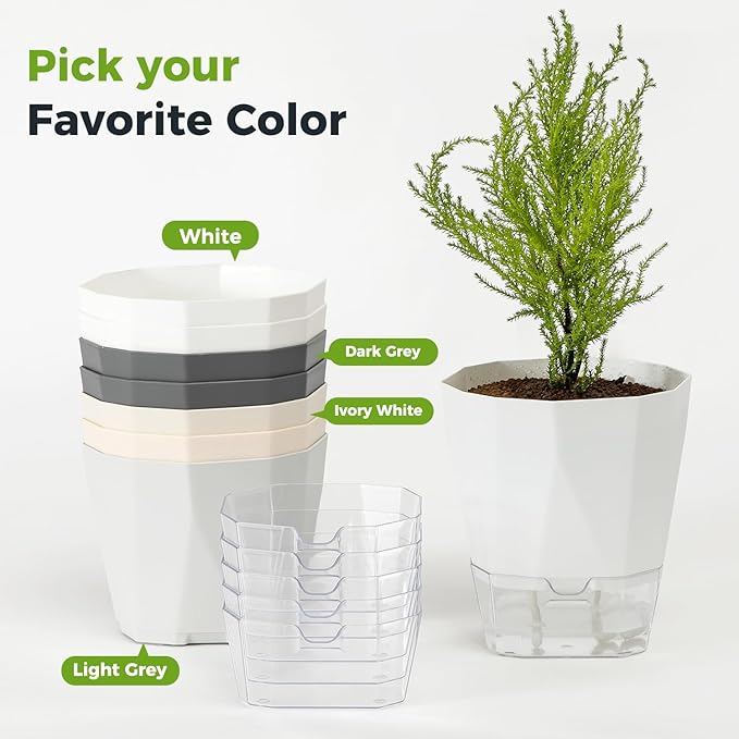 5 Pack Self Watering Pots for Indoor Plants, 5/6.7/8.4 in Self Watering Planters African Violet Self Watering Clear Pots for Plants Herb Orchid Flower Houseplant Pots, Dark Grey