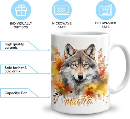 Hyturtle Personalized Fall Wolf Coffee Mug, Fall Autumn Décor | Birthday Gifts For Wolf Lovers - Wolves Gift Ideas For Farmhouse Thanksgiving - Custom Name 11oz White Ceramic Coffee Tea Mug