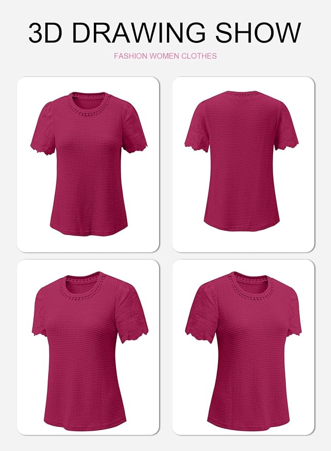 SHEWIN Womens Frenchy Summer Tops Crewneck Short Sleeve T Shirts Casual Waffle Knit Jacquard Blouses Top Shirts