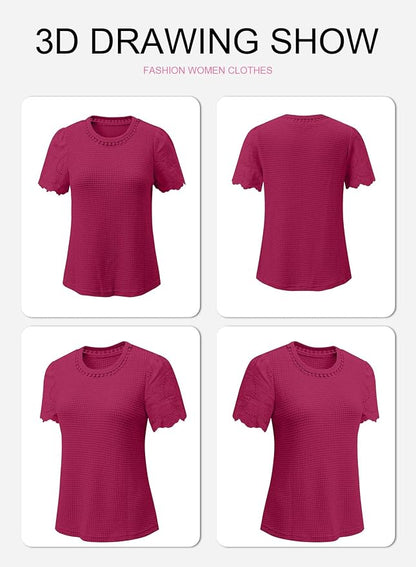 SHEWIN Womens Frenchy Summer Tops Crewneck Short Sleeve T Shirts Casual Waffle Knit Jacquard Blouses Top Shirts
