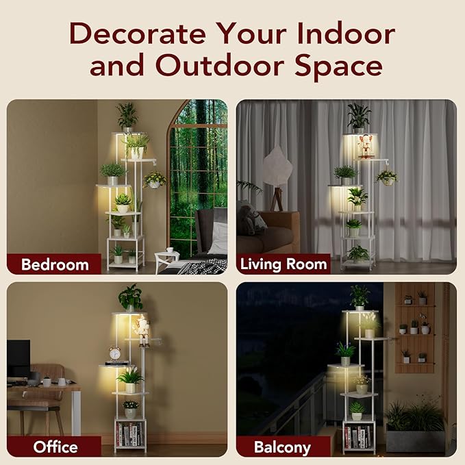 Plant Stand Indoor with Grow Light, 6-Tiered Tall Plant Stand Indoor, Metal Plant Shelf with Hanging Basket Hook and Adjustable Light, Ideal for Living Room, Garden, Patio white