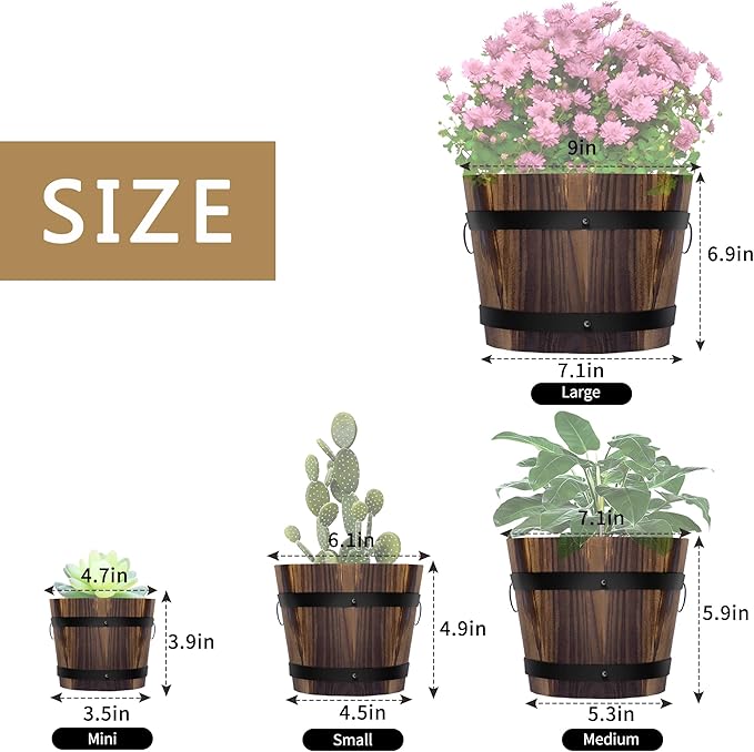 Adnee 4 Pack Wooden Whiskey Barrel Planters - 4 Sizes Wooden Bucket Barrel Garden Planters Set - Rustic Flower Planters Pots Container for Indoor Outdoor Garden Home Plants(4.7",6.1",7.1",9")