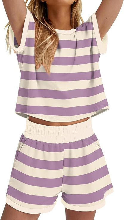 WIHOLL Two Piece Sets for Women Summer Lounge Short Sets Cap Sleeve Crew Neck Sweatsuit with Pocket XS-2XL
