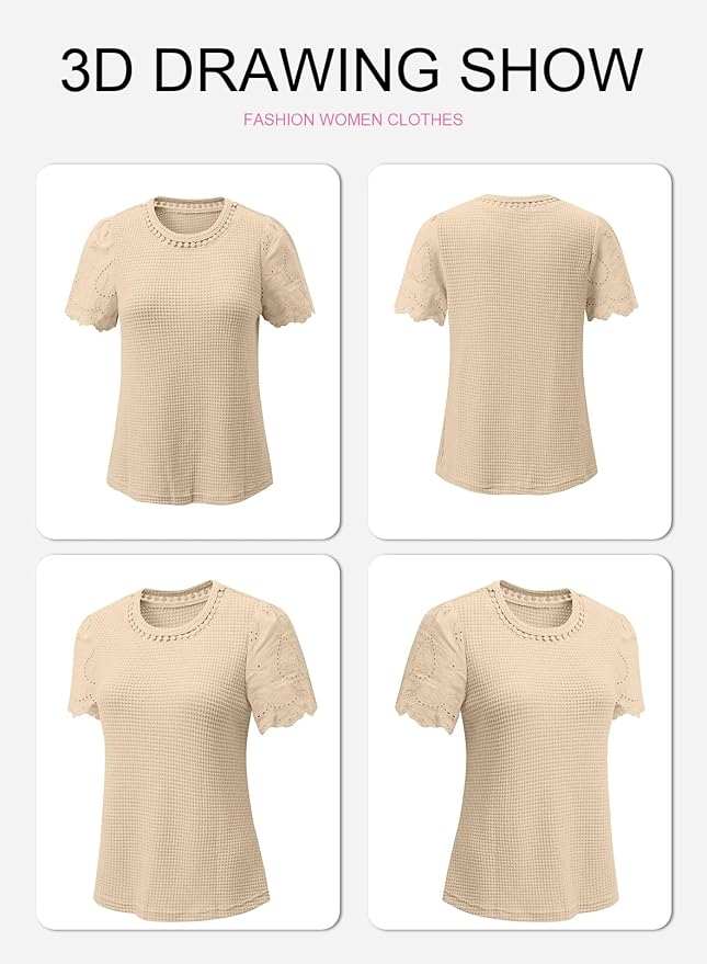 SHEWIN Womens Frenchy Summer Tops Crewneck Short Sleeve T Shirts Casual Waffle Knit Jacquard Blouses Top Shirts