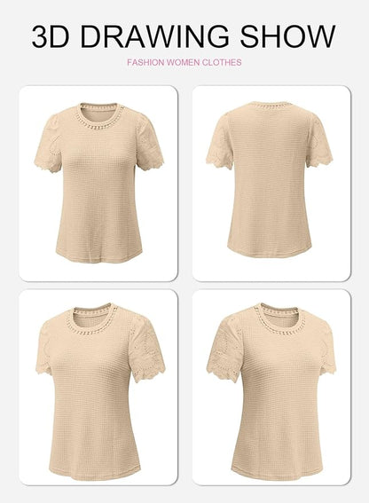 SHEWIN Womens Frenchy Summer Tops Crewneck Short Sleeve T Shirts Casual Waffle Knit Jacquard Blouses Top Shirts