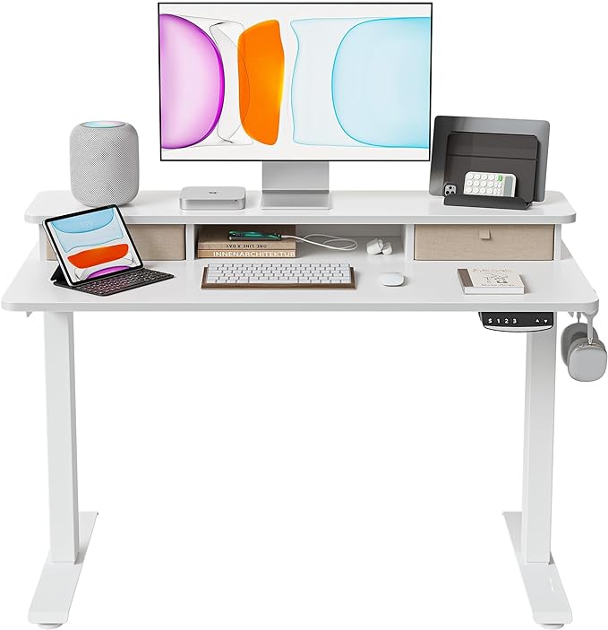 BANTI 40x24 Inch Electric Standing Desk with Double Drawers, Adjustable Height Stand Up Desk, Sit Stand Home Office Desk with Storage Shelf, White Top