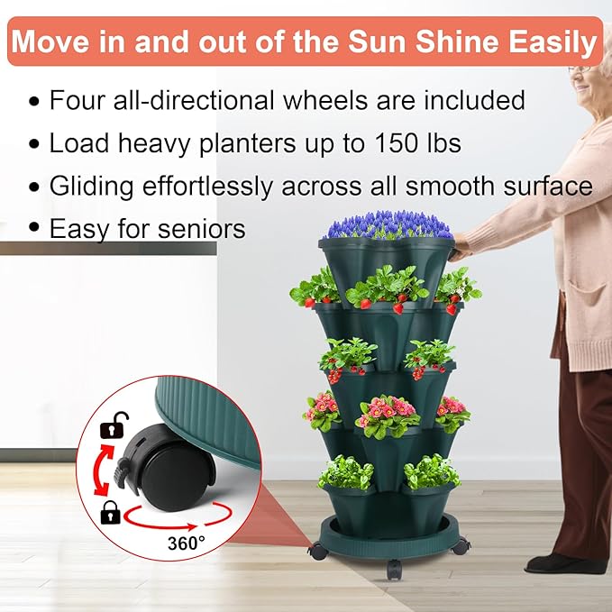 DUNCHATY Stackable Vertical Garden Planter with Wheels, 5 Tier Herb Planter Pots for Growing Vegetables and Succulents, Pine Green