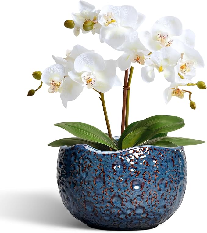 6 Inch Plant Pot - Ceramic Pots for Plants with Drainage Hole, Round Orchid Pot, Unique Planter for Indoor Outdoor, Modern Decorative Flower Pots, Room Decor, Plant Lovers Gifts, Retro Blue