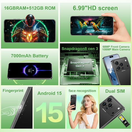 17 PMAX Unlocked Cell Phone,16GB+512GB Smartphone,6.99" HD Screen Android 15 5G Phones,Battery 7000mAh Android The Phone,Fingerprint Button Unlock/GPS/Face ID/Dual SIM/5G (Black)