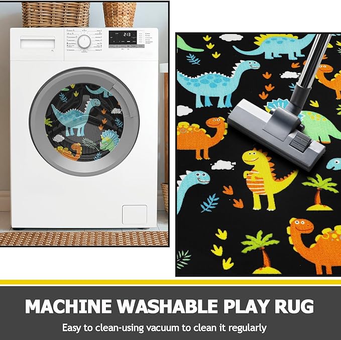 Capslpad Black Dinosaur Kids Play Rug for Boys Bedroom Non Slip Cartoon Kids Area Rug Washable Kids Play Mat for Dinosaur Room Kids Room Nursery Decor,5'2" x 3'3"