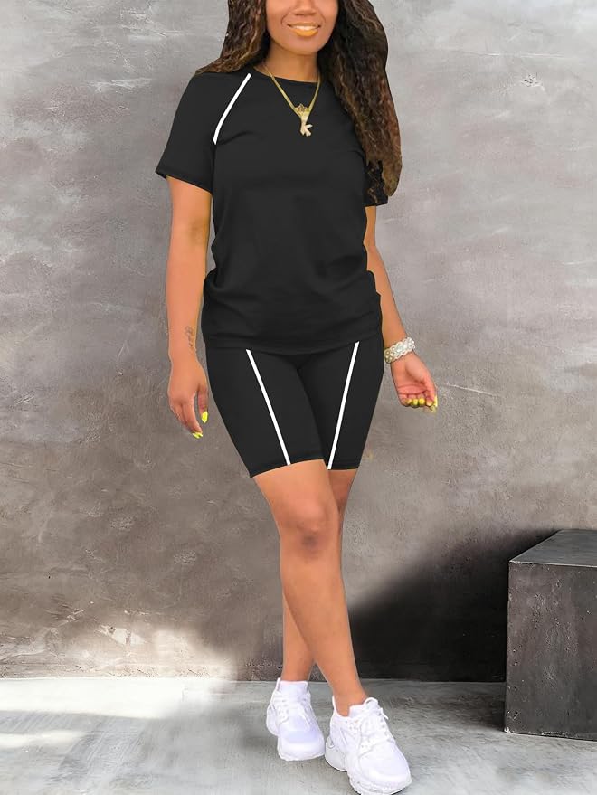 STOLKISS Women 2 piece Short Sets Classic Striped Outfits Summer Casual Short Sleeve T-Shirt and Short Jogger Tracksuits Sets