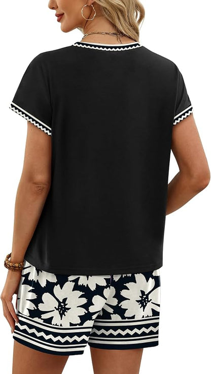 WIHOLL Two Piece Sets for Women Summer Lounge Short Sets Cap Sleeve Crew Neck Sweatsuit with Pocket XS-2XL