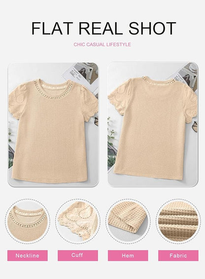 SHEWIN Womens Frenchy Summer Tops Crewneck Short Sleeve T Shirts Casual Waffle Knit Jacquard Blouses Top Shirts
