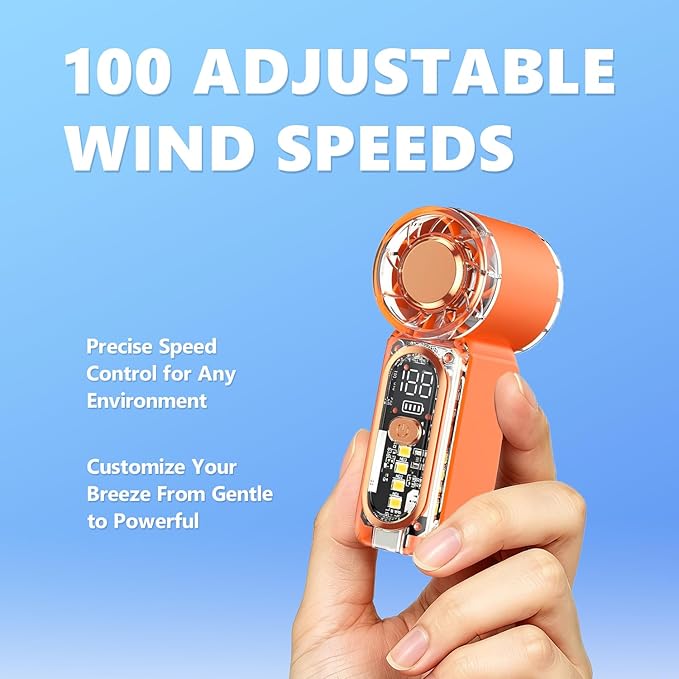 Portable Mini Handheld Fan, 100 Speed Adjustable Pocket Fan with Digital Display, USB-C Rechargeable Personal Fan, Long Battery Life, Small Cooling Fan for Travel(Orange)