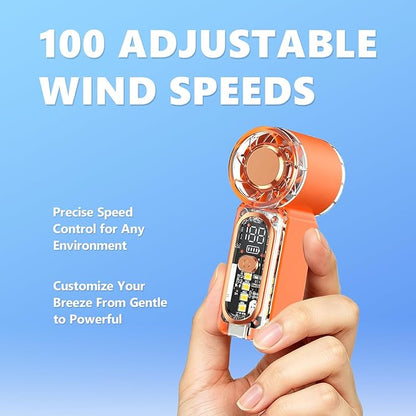 Portable Mini Handheld Fan, 100 Speed Adjustable Pocket Fan with Digital Display, USB-C Rechargeable Personal Fan, Long Battery Life, Small Cooling Fan for Travel(Orange)