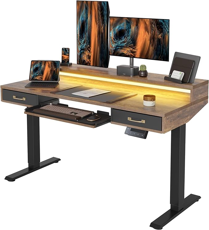 FEZIBO 55 x 24 Inch Height Adjustable Electric Standing Desk with Double Drawers&Keyboard Tray, Stand Up Desk with LED Strips, Sit Stand Desk with Monitor Stand, Rustic Brown