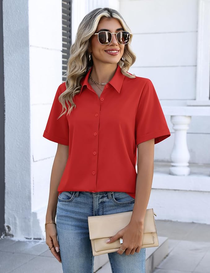 Zeagoo Button Down Shirts for Women Short Sleeve Collared Tops Dressy Casual V Neck Blouses