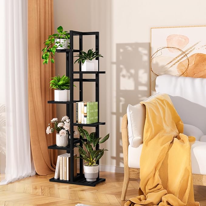 6 Tier Bamboo Plant Stand Indoor, Wood Tall Flower Holder Corner Tiered Plant Shelf for Multiple Plants (Black)