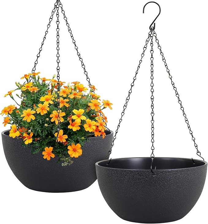 12 inch Large Hanging Planters for Indoor Outdoor Plants, 2 Pack Hanging Flower Pots with Drainage Holes and Chain for Garden Porch, Plastic Hanging Baskets for House Plants, Black