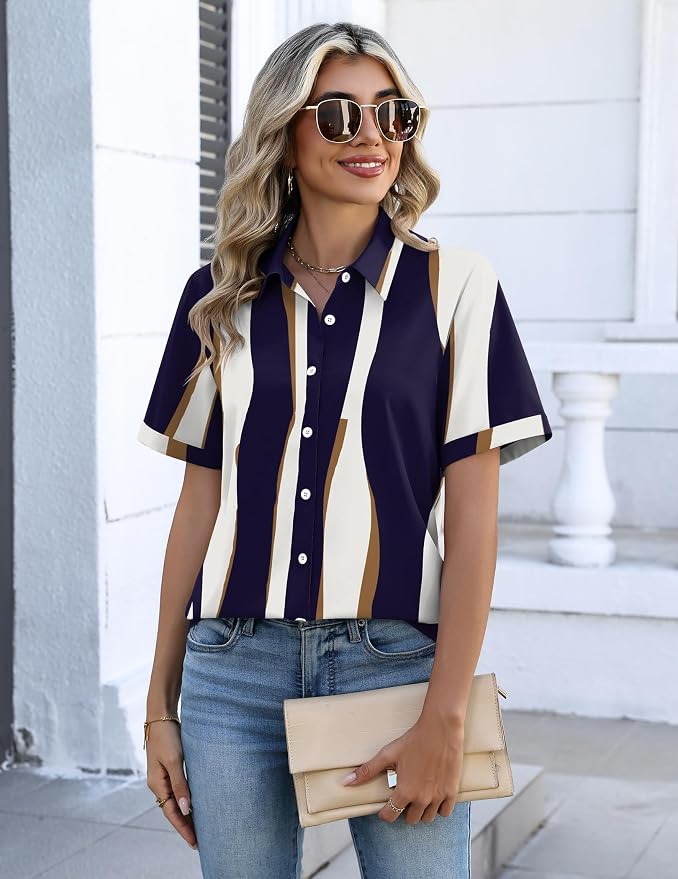 Zeagoo Button Down Shirts for Women Short Sleeve Collared Tops Dressy Casual V Neck Blouses