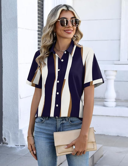 Zeagoo Button Down Shirts for Women Short Sleeve Collared Tops Dressy Casual V Neck Blouses
